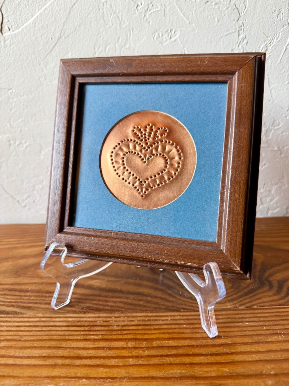 Vintage Evelyn Lynch Hand Tooled Copper Sacred Heart Wall Art Framed Folk Art